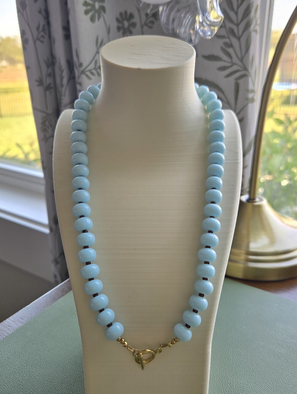 Handcrafted Dyed Light Blue Jade Beaded Necklace with Gold Clasp